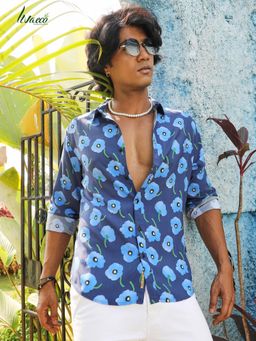 Campus Sutra - Mens Ecoliva Indigo Blue Flora Block Shirt