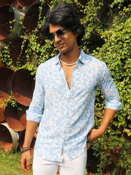 Campus Sutra - Mens Ecoliva White & Blue Water Strokes Shirt