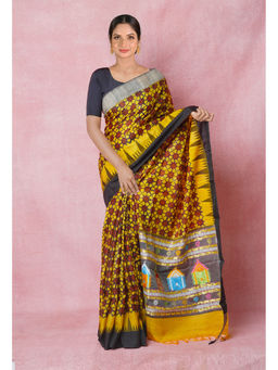 Unnati Silks - Yellow Handloom Hand Block Printed Vidarbha Tussar Silk Saree with Unstitched Blouse