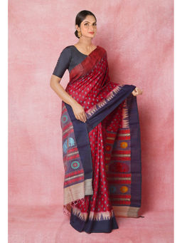 Unnati Silks - Maroon Handloom Hand Block Printed Vidarbha Tussar Silk Saree with Unstitched Blouse