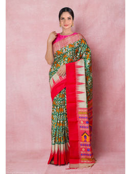 Unnati Silks - Green Handloom Hand Block Printed Vidarbha Tussar Silk Saree with Unstitched Blouse