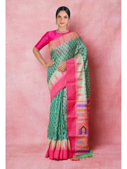 Unnati Silks - Green Handloom Hand Block Printed Vidarbha Tussar Silk Saree with Unstitched Blouse
