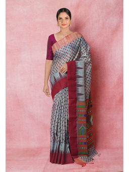 Unnati Silks - Grey Handloom Hand Block Printed Vidarbha Tussar Silk Saree with Unstitched Blouse