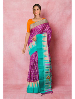 Unnati Silks - Purple Handloom Hand Block Printed Vidarbha Tussar Silk Saree with Unstitched Blouse