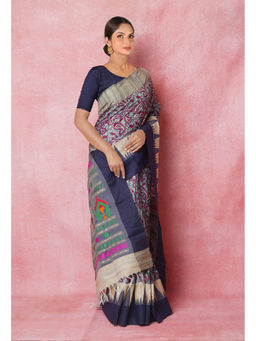 Unnati Silks - Grey Handloom Hand Block Printed Vidarbha Tussar Silk Saree with Unstitched Blouse