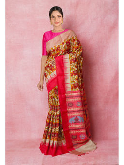 Unnati Silks - Yellow Handloom Hand Block Printed Vidarbha Tussar Silk Saree with Unstitched Blouse