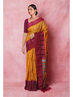 Unnati Silks - Yellow Handloom Hand Block Printed Vidarbha Tussar Silk Saree with Unstitched Blouse
