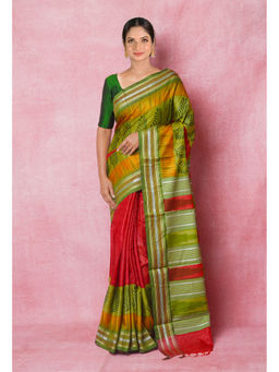Unnati Silks - Red Handloom Hand Block Printed Vidarbha Tussar Silk Saree with Unstitched Blouse