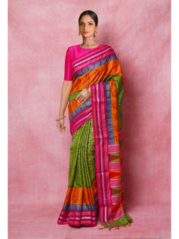 Unnati Silks - Green Handloom Hand Block Printed Vidarbha Tussar Silk Saree with Unstitched Blouse