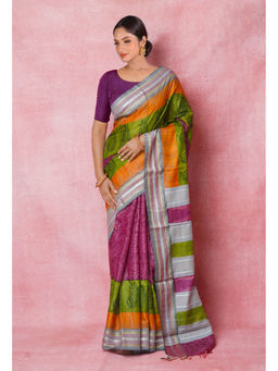Unnati Silks - Purple Handloom Hand Block Printed Vidarbha Tussar Silk Saree with Unstitched Blouse