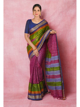 Unnati Silks - Purple Handloom Hand Block Printed Vidarbha Tussar Silk Saree with Unstitched Blouse