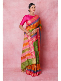 Unnati Silks - Green Handloom Hand Block Printed Vidarbha Tussar Silk Saree with Unstitched Blouse