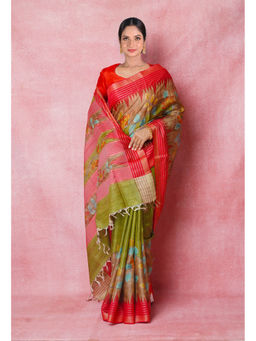 Unnati Silks - Green Handloom Brush Painted Vidarbha Tussar Silk Saree with Unstitched Blouse
