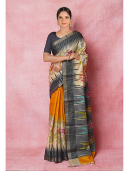 Unnati Silks - Orange Handloom Brush Painted Vidarbha Tussar Silk Saree with Unstitched Blouse