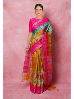Unnati Silks - Bronze Orange Handloom Brush Painted Vidarbha Tussar Silk Saree with Unstitched Blouse