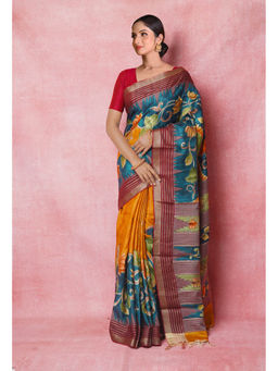 Unnati Silks - Green Handloom Brush Painted Vidarbha Tussar Silk Saree with Unstitched Blouse
