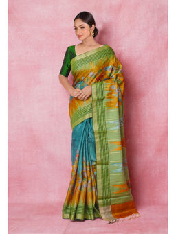 Unnati Silks - Green Handloom Brush Painted Vidarbha Tussar Silk Saree with Unstitched Blouse