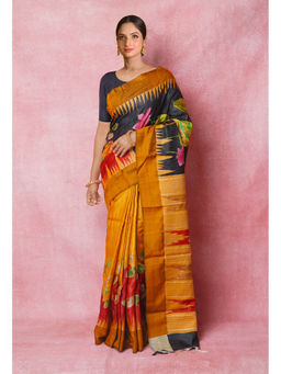 Unnati Silks - Orange Handloom Brush Painted Vidarbha Tussar Silk Saree with Unstitched Blouse