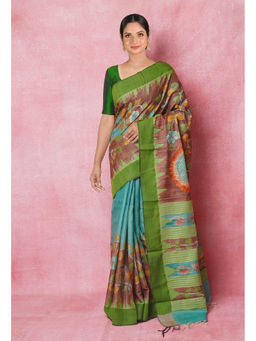 Unnati Silks - Green Handloom Brush Painted Vidarbha Tussar Silk Saree with Unstitched Blouse