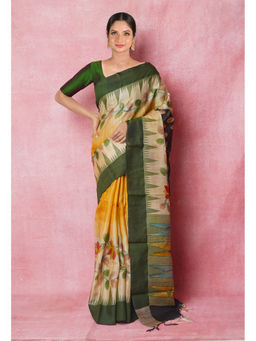 Unnati Silks - Black Cream Handloom Brush Painted Vidarbha Tussar Silk Saree with Unstitched Blouse