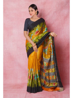 Unnati Silks - Green Handloom Brush Painted Vidarbha Tussar Silk Saree with Unstitched Blouse