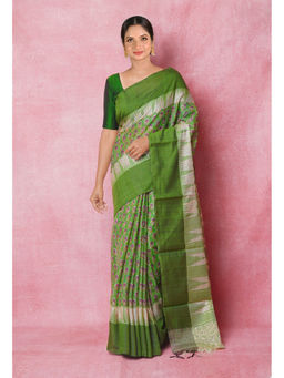 Unnati Silks - Green Handloom Hand Block Printed Vidarbha Tussar Silk Saree with Unstitched Blouse