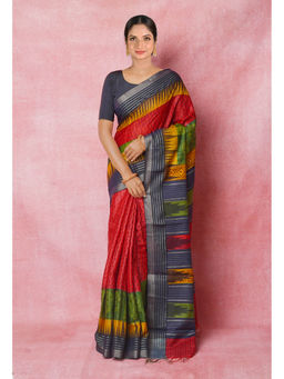 Unnati Silks - Red Handloom Hand Block Printed Vidarbha Tussar Silk Saree with Unstitched Blouse