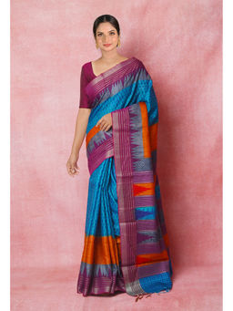 Unnati Silks - Blue Handloom Hand Block Printed Vidarbha Tussar Silk Saree with Unstitched Blouse
