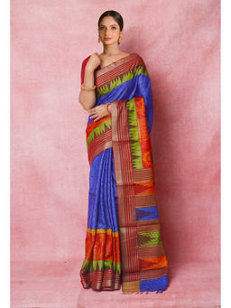 Unnati Silks - Blue Handloom Hand Block Printed Vidarbha Tussar Silk Saree with Unstitched Blouse