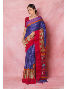 Unnati Silks - Blue Handloom Hand Block Printed Vidarbha Tussar Silk Saree with Unstitched Blouse