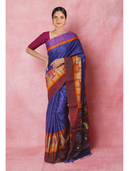 Unnati Silks - Blue Handloom Hand Block Printed Vidarbha Tussar Silk Saree with Unstitched Blouse