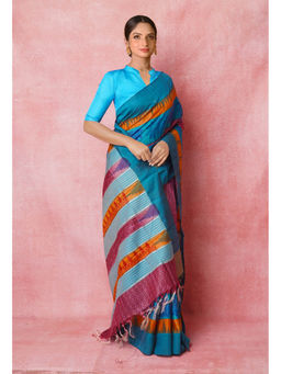 Unnati Silks - Blue Handloom Hand Block Printed Vidarbha Tussar Silk Saree with Unstitched Blouse