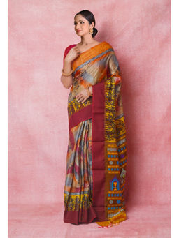 Unnati Silks - Multi Handloom Hand Block Printed Vidarbha Tussar Silk Saree with Unstitched Blouse