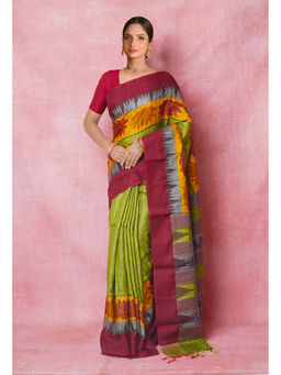 Unnati Silks - Green Handloom Hand Block Printed Vidarbha Tussar Silk Saree with Unstitched Blouse
