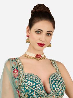 Zaveri Pearls - Green Pink Lotus Multistrand Choker Necklace and Earring Jewellery Set