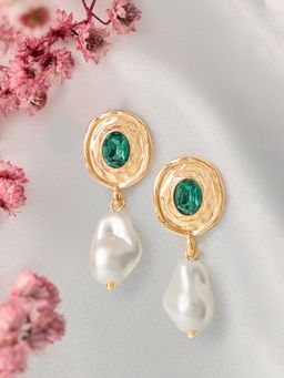 Zaveri Pearls - Green Stones Embellished Contemporary Pearl Drop Earring