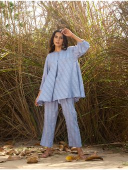 trueBrowns - Light Blue Cotton Dobby Flared Co-Ord (Set of 2)