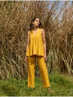 trueBrowns - Mustard Cotton Embroidered Flared Co-Ord (Set of 2)