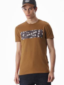 Jack & Jones - Men Brown Abstract Cotton T-Shirt