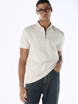 Jack & Jones - Men Off White Textured Polyester Blend Polo T-Shirt