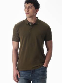 Jack & Jones - Men Olive Solid/Plain Cotton Blend Polo T-Shirt