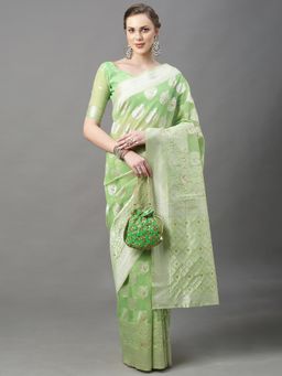 Akhilam - Womens Cotton Silk Green Woven Design Saree with Unstitched Blouse