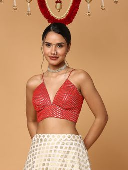 SALWAR STUDIO - Women Red Silk Blend Readymade Saree Blouse