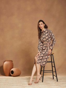 Fabindia - Black Cotton Bagru Printed Dress With Belt