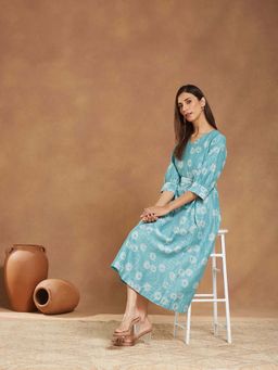 Fabindia - Blue Cotton Silk Floral Printed Dress With Belt