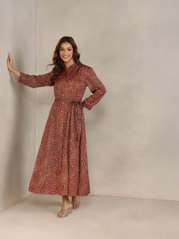 Fabindia - Rust Rayon Blend Ajrakh Printed Dress With Belt
