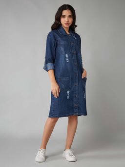 DOLCE CRUDO - Women Blue Collared-Neck Full-Sleeve Shirt Dress