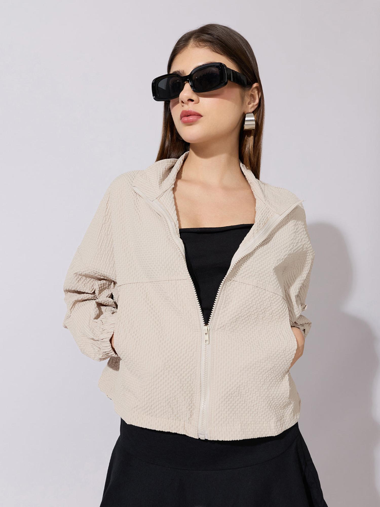 showoffff Edition Womens Textured Beige High-Neck Zip-Up Jacket-picture-15