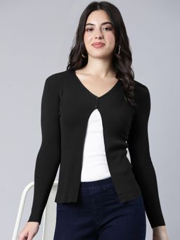 SHOWOFFFF - Womens Ribbed Black Shrug with Button Detail