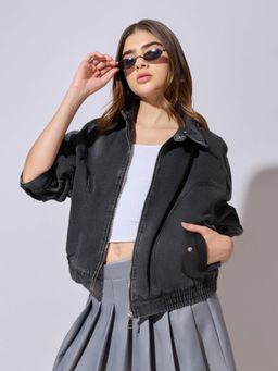 SHOWOFFFF - Edition Womens Grey Denim Zip-Up Jacket with Shirt Collar